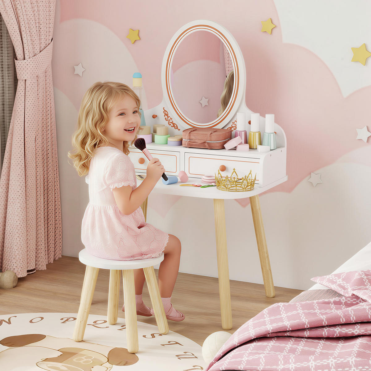 SCHMINKTISCH-KINDER MDF Kiefernholz Weiß - Weiß/Kieferfarben, Holzwerkstoff (38/87.8/56cm) - AIYAPLAY