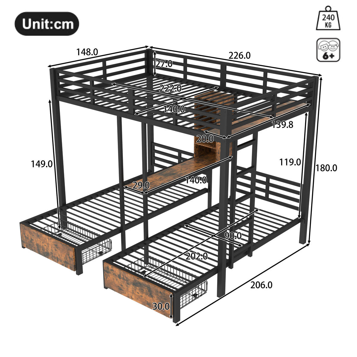 ETAGENBETT 140x200cm + 90x200cm Schwarz 3 Betten 2 Schubladen Regale - Schwarz, Holz (140/200cm) - FLIEKS