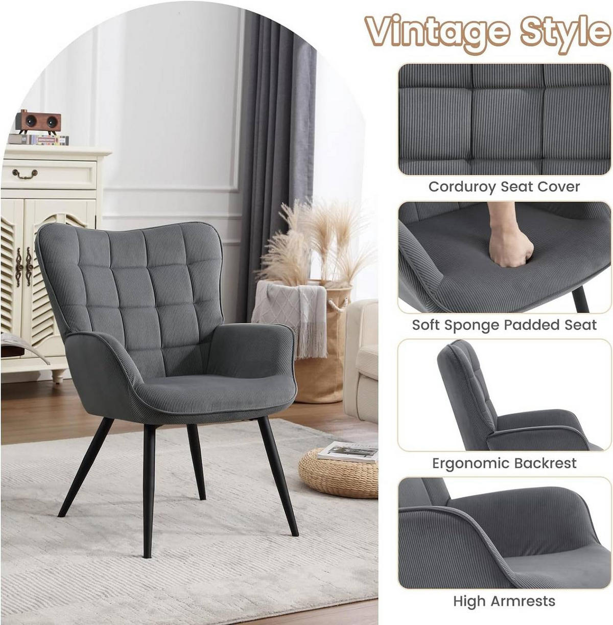 RELAXSESSEL mit Cordbezug , Metallbeine, Dunkelgrau - Dunkelgrau/Schwarz, Textil/Metall (63.5/87/68cm) - Woltu