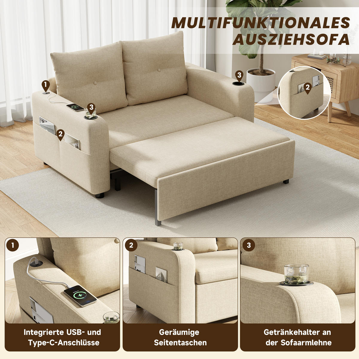 SCHLAFSOFA 3-in-1 Cotton-Linen mit USB-Anschluss und Getränkehaltern Beige 131/81/94 cm - Beige, Textil (81/94/131cm) - Redom