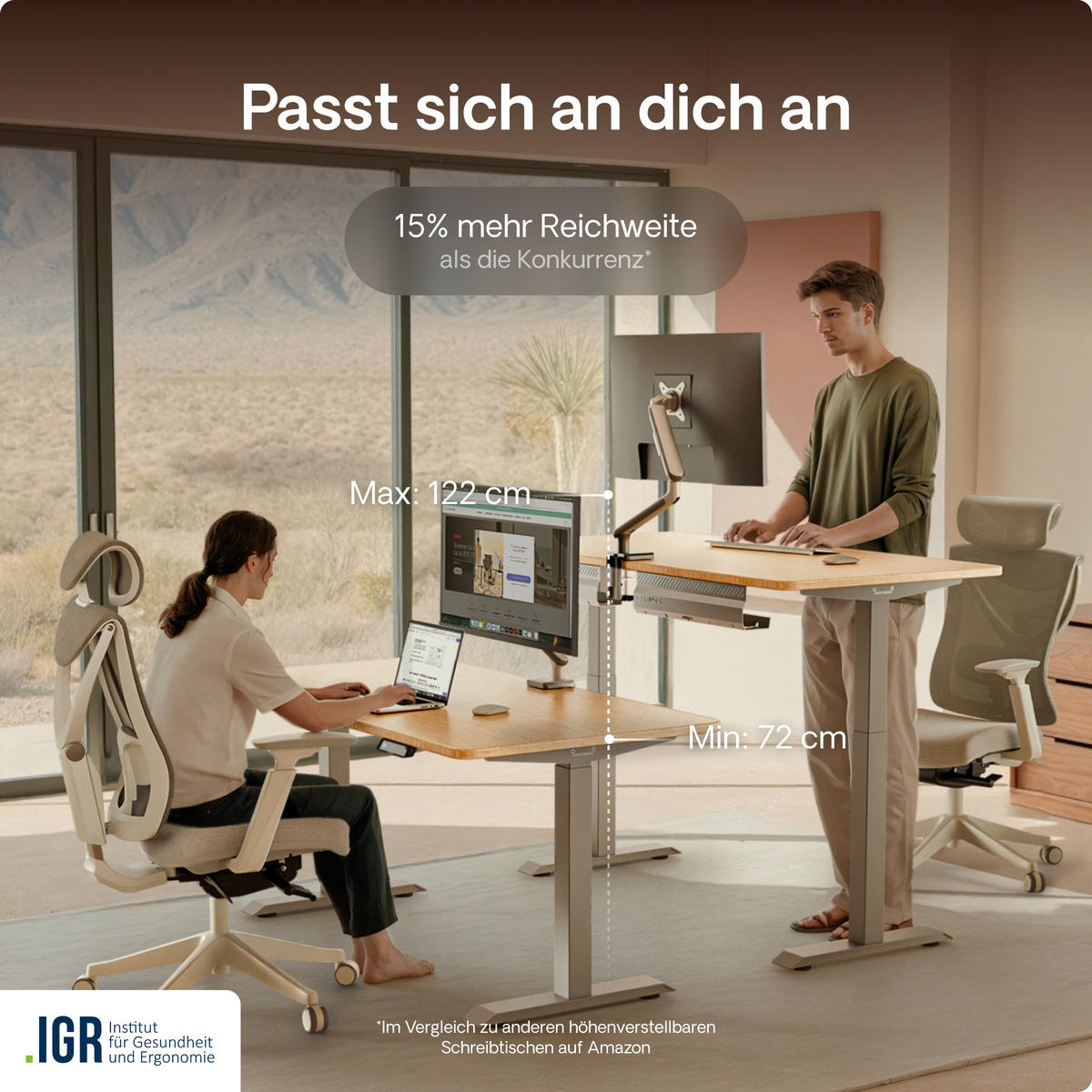 SCHREIBTISCH Elektrisch Höhenverstellbarer HomeOne 120x60cm Grau/Bambus mit Memory-Funktion, Anti-Kollisions Technologie - Hellgelb/Grau, Holz (60/120/72cm) - Desktronic