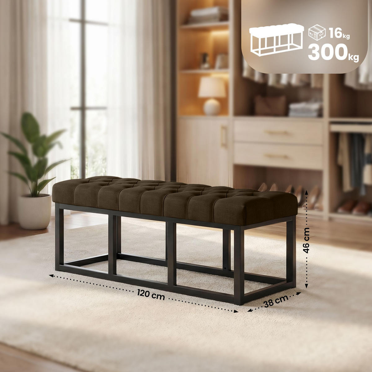 SITZBANK 120/38 cm Stoff Braun - Schwarz/Braun, Textil/Metall (120/46/38cm) - CLP