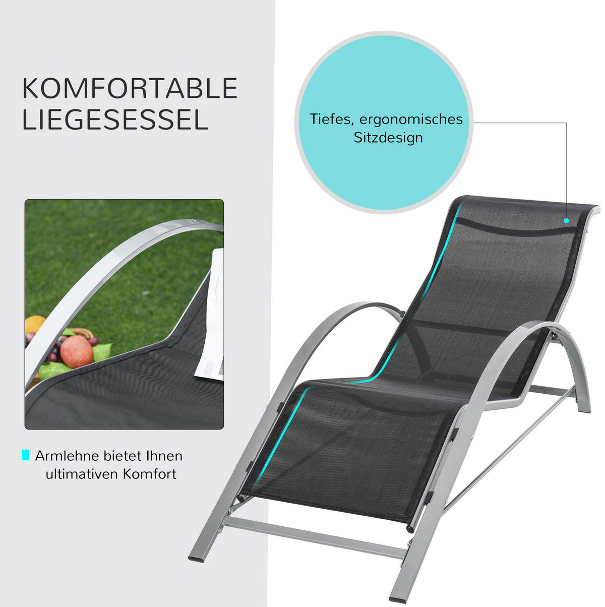 GARTENSET aus Metall 169x59x66 cm Schwarz mit Beistelltisch und atmungsaktiver Bespannung - Schwarz, Metall - Modfu