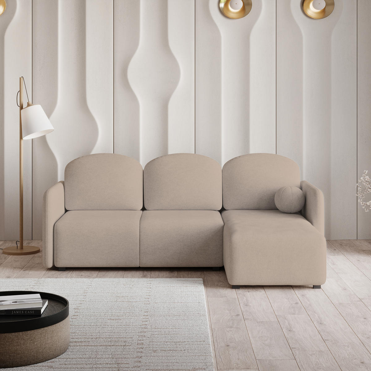 ECKSOFA SUVINO Beige Geflochtener Stoff mit Schlaffunktion - Beige, Holz (230/143cm) - MASSENO