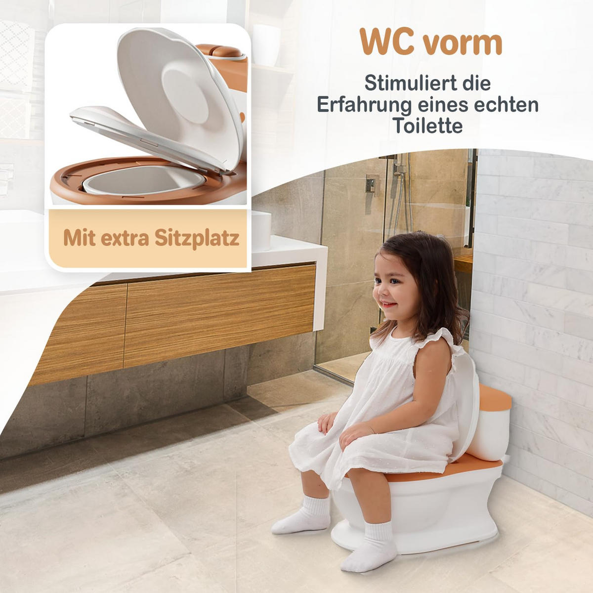 TÖPFCHEN 3-in-1 Potty Trainer & Kindertoilette Weiß Braun - Weiß/Braun, Kunststoff (39/40cm) - Twinky