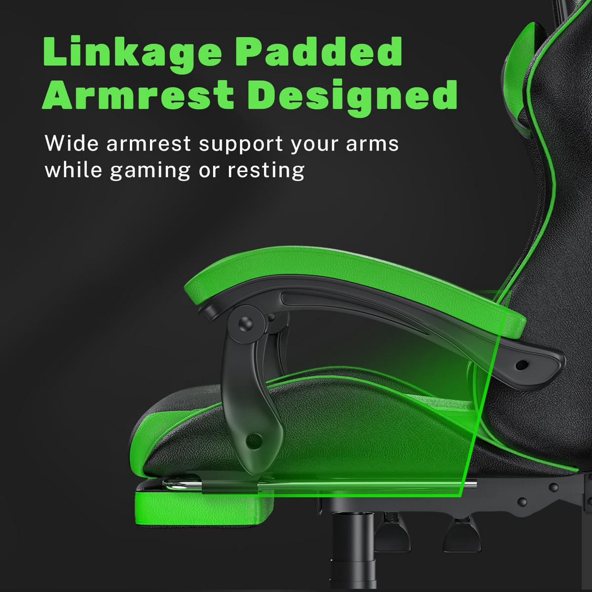 GAMING-STUHL höhenverstellbar, Fußstütze, Lendenkissen – Schwarz/Grün - Grün, Leder (50/134/50cm) - Rattantree