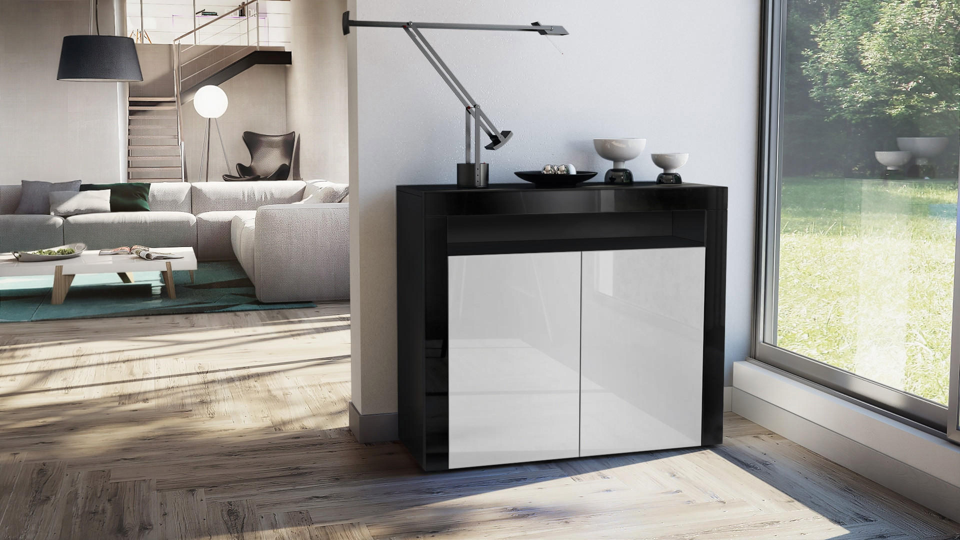 KOMMODE Valencia Weiß Hochglanz / Schwarz Hochglanz - Weiß Hochglanz, Holzwerkstoff (108/92/40cm) - Vladon