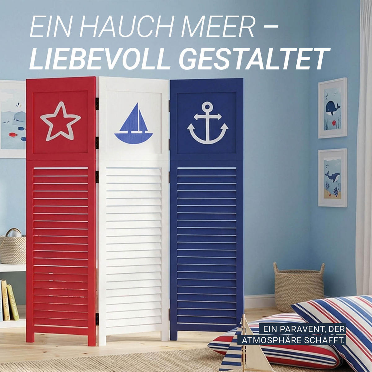 PARAVENT 3-tlg. 105/130 cm Weiß maritim - Weiß, Holz (105/130/1cm) - Homestyle4u