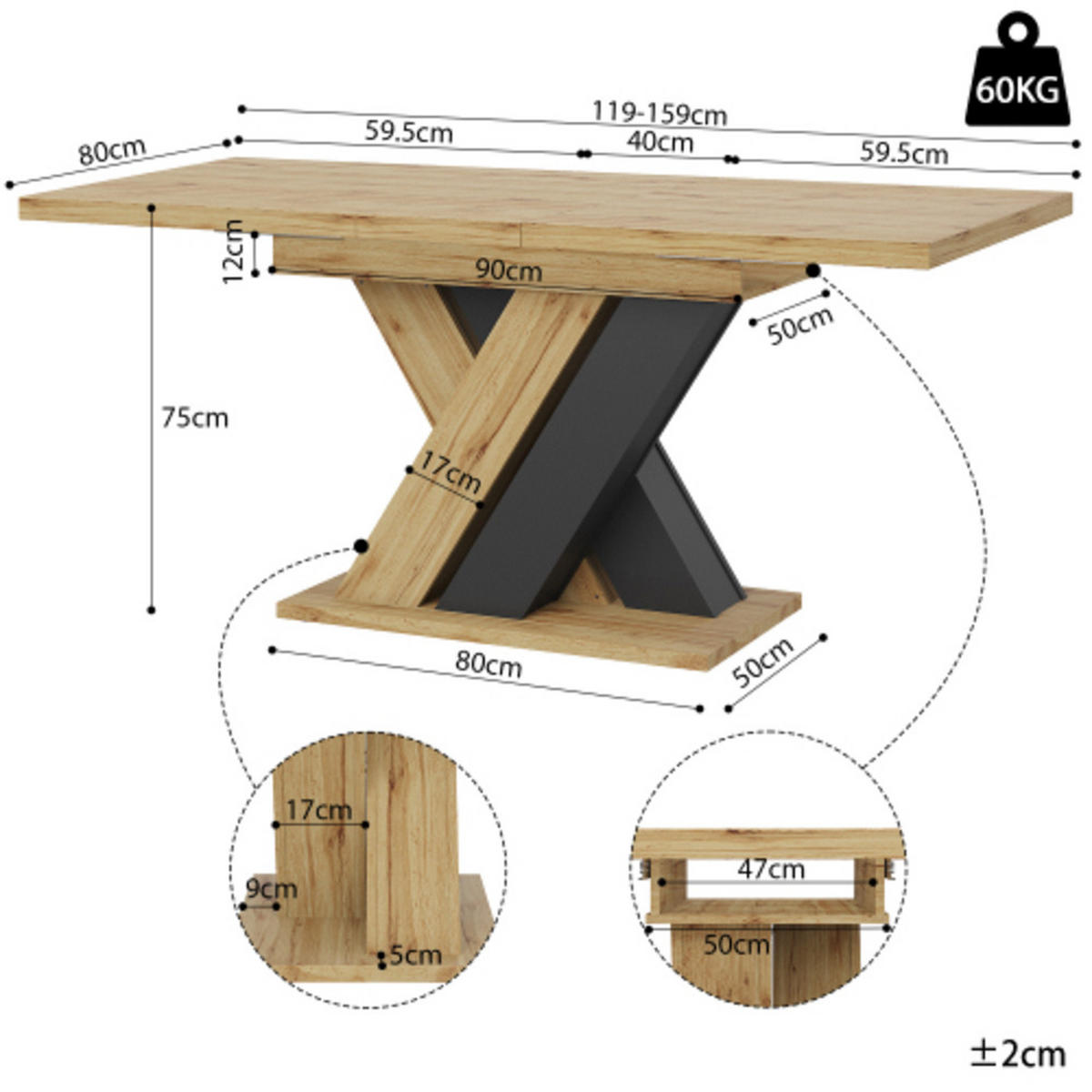 ESSTISCH naturfarben aus MDF mit integriertem Ablagefach und X-Beinen 119–158,5 × 80 × 75 cm - Naturfarben, Holzwerkstoff (158.5/80/75cm) - Luhomfu