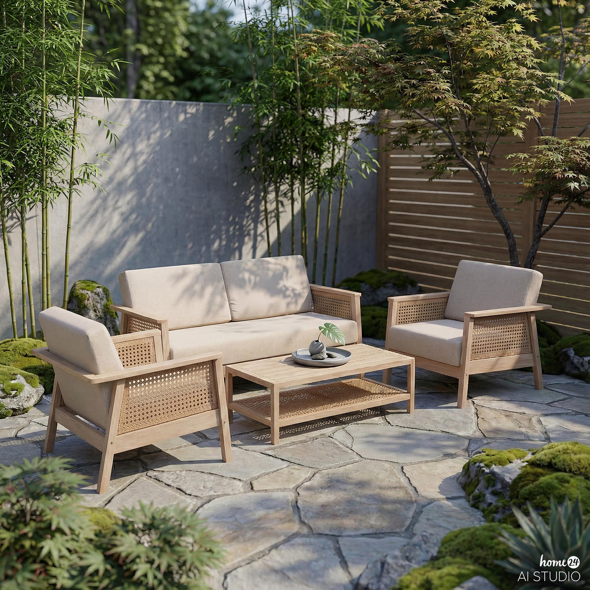 LOUNGESET - 4-teilig - Akazie massiv / Webstoff - Braun / Beige - Beige, Holz/Kunststoff - home24
