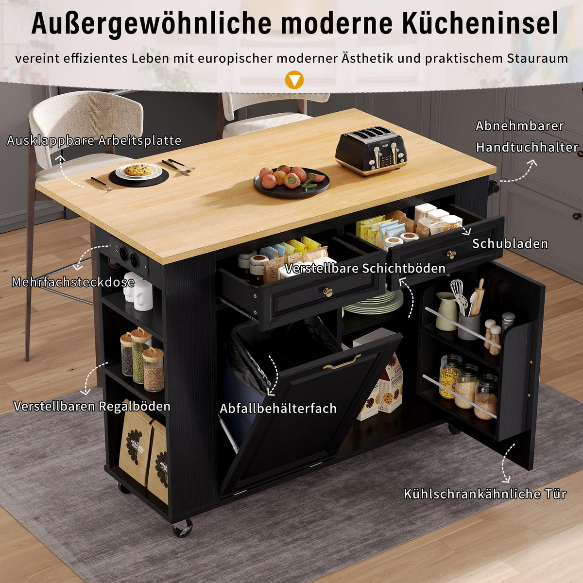 KÜCHENINSEL auf Rollen mit Abfallfach und Handtuchhalter, Schwarz - Schwarz, Holzwerkstoff (120/92/70cm)
