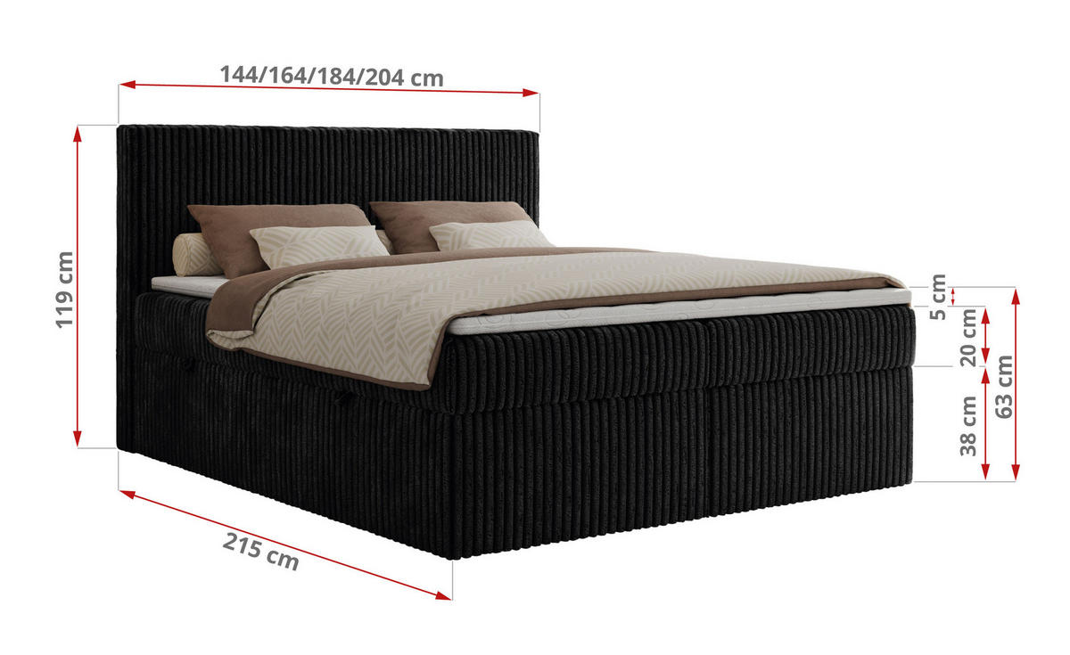 BOXBETT TILIANO 160/200 - Schwarz Cord - H3 - Schwarz, Textil (160/200cm)