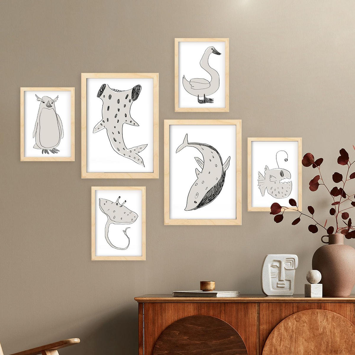 POSTER Set Mit 6 Sea Varmint In Tiere Abstracts Ästhetische Dekorative Gemälde Für Ihr Wohnzimmer Schlafzimmer Zuhause A3 & A4 Rahmen Aus Hellem Holz - Beige, Papier (29/3cm) - Nacnic