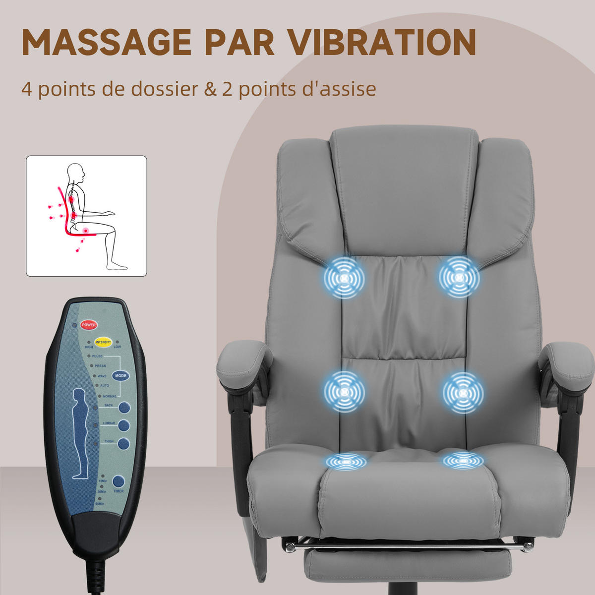DREHSTUHL DE-11704 Massagefunktion mit Fußstütze & neigbarer Rückenlehne - Grau, Metall (75/122/66cm) - ComfortXL