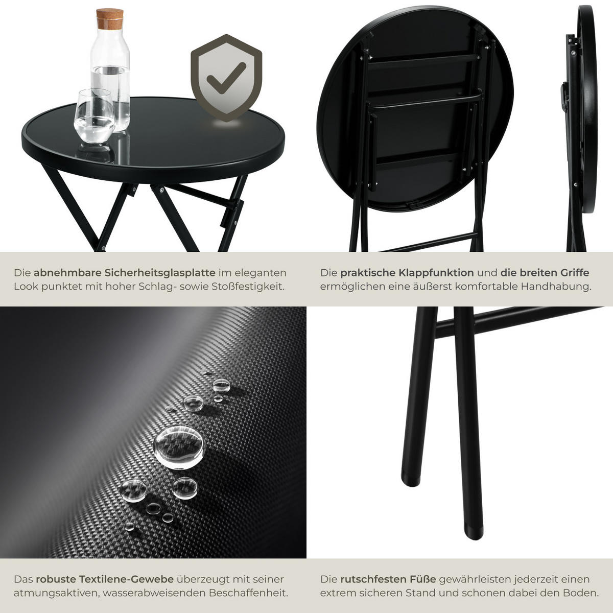 BISTRO-SET Düsseldorf,Tisch mit Sicherheitsglasplatte,schwarz - Schwarz, Naturmaterialien/Kunststoff - tectake