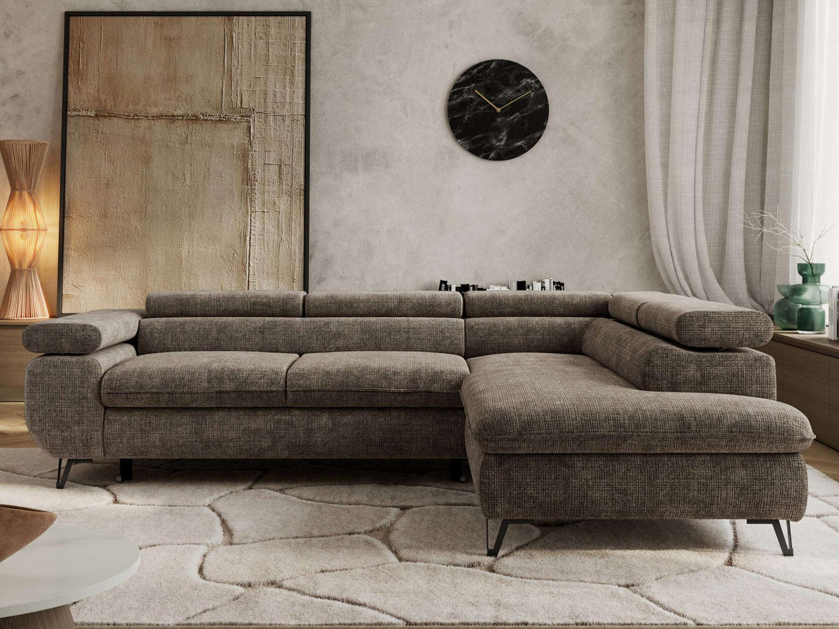 ECKSOFA PABLO L Braun Schenille grob gewebt - Rechts Seite mit T25 Topper - Schwarz/Braun, Textil/Metall (273/208cm) - MKS