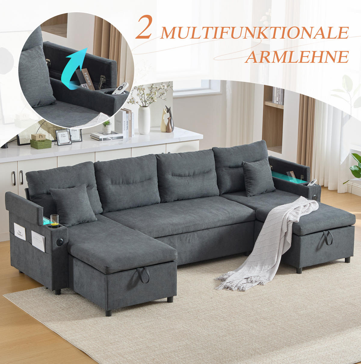 WOHNLANDSCHAFT Leinenstoff mit 2 Chaiselongues Stauraum und USB-Anschluss 272/136/86 cm Dunkelgrau - Dunkelgrau, Textil (136/86/272cm) - Redom