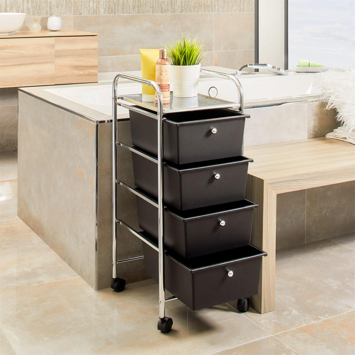 BADROLLWAGEN GINA - Schwarz, Kunststoff/Metall (33/79/39cm) - IDIMEX