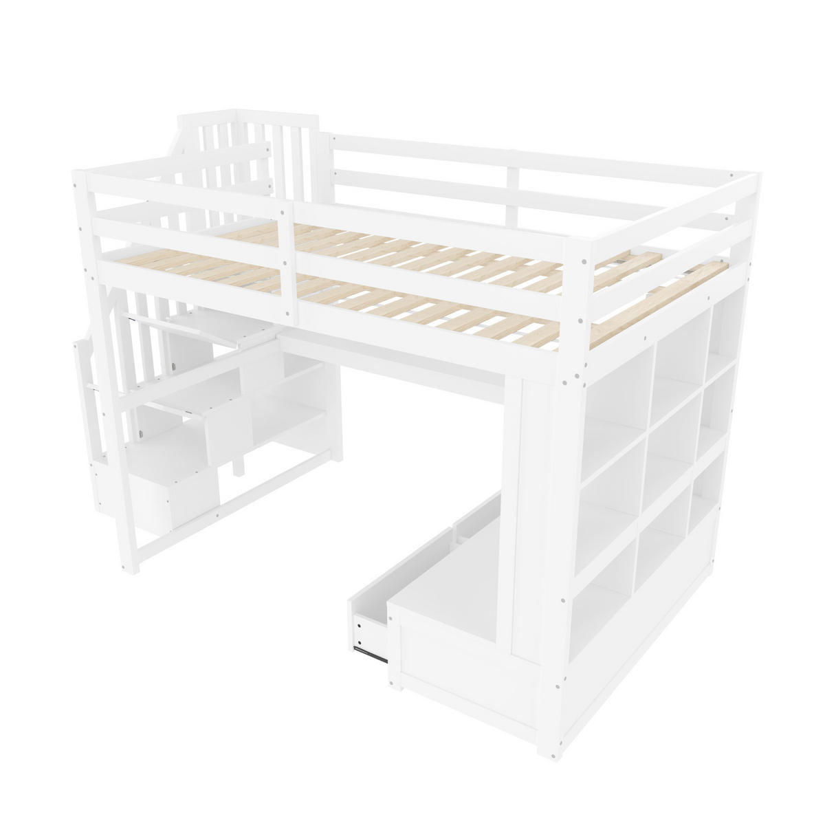 HOCHBETT 140/200 cm mit Schreibtisch, Regalen, Stauraumtreppe, 2 Schubladen und LED-Beleuchtung, Weiß - Weiß, Holzwerkstoff (140/200cm) - Redom