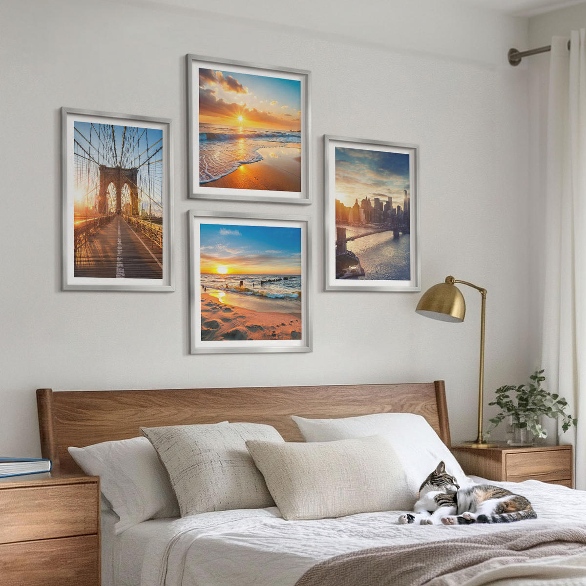 BILDER SET 4er Set - 50x50 cm & 40x60 cm Silberner Rahmen - Brücken, Sonnenuntergänge, Stadt - Silberfarben, Kunststoff (50/50cm) - TULUP