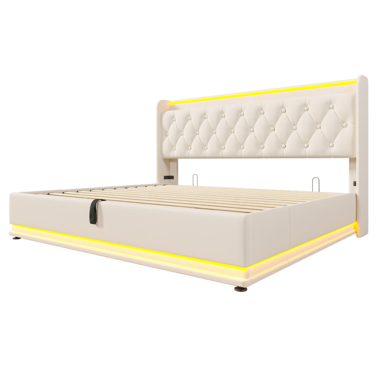 POLSTERBETT 180/200 cm Weiß mit 360-Grad-LED-Beleuchtung und USB-Anschluss - Weiß, Kunststoff (180/200cm) - OKWISH