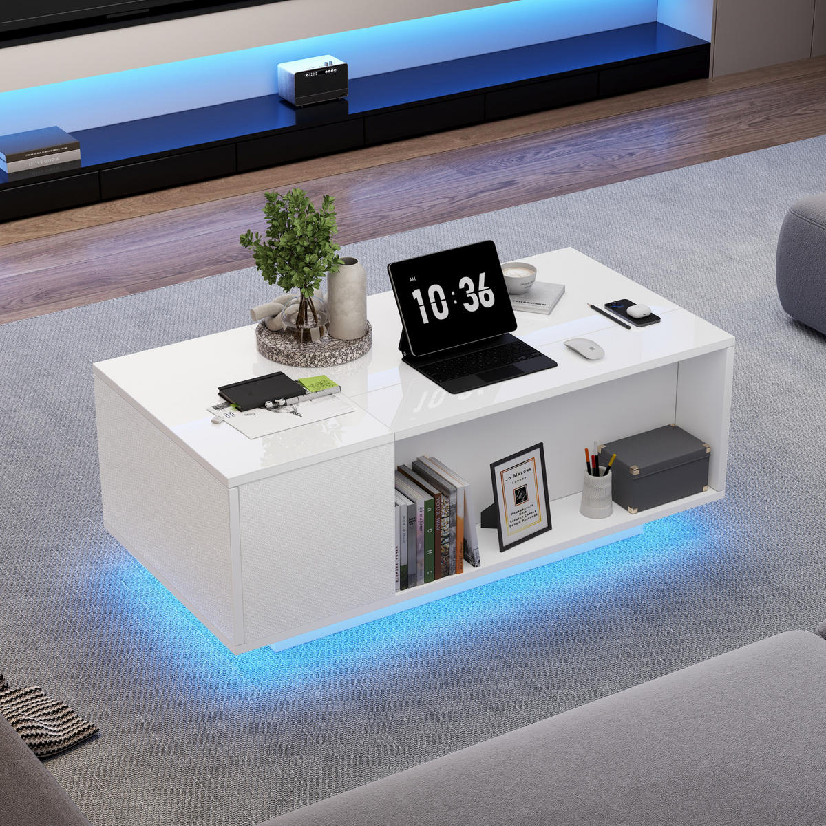 COUCHTISCH, höhenverstellbar mit hydraulischem Hub, Stauraum & LED-Bluetooth, Weiß Hochglanz, 100/50/40 cm,Weiß - Weiß, Holzwerkstoff (50/100/40cm) - Redom