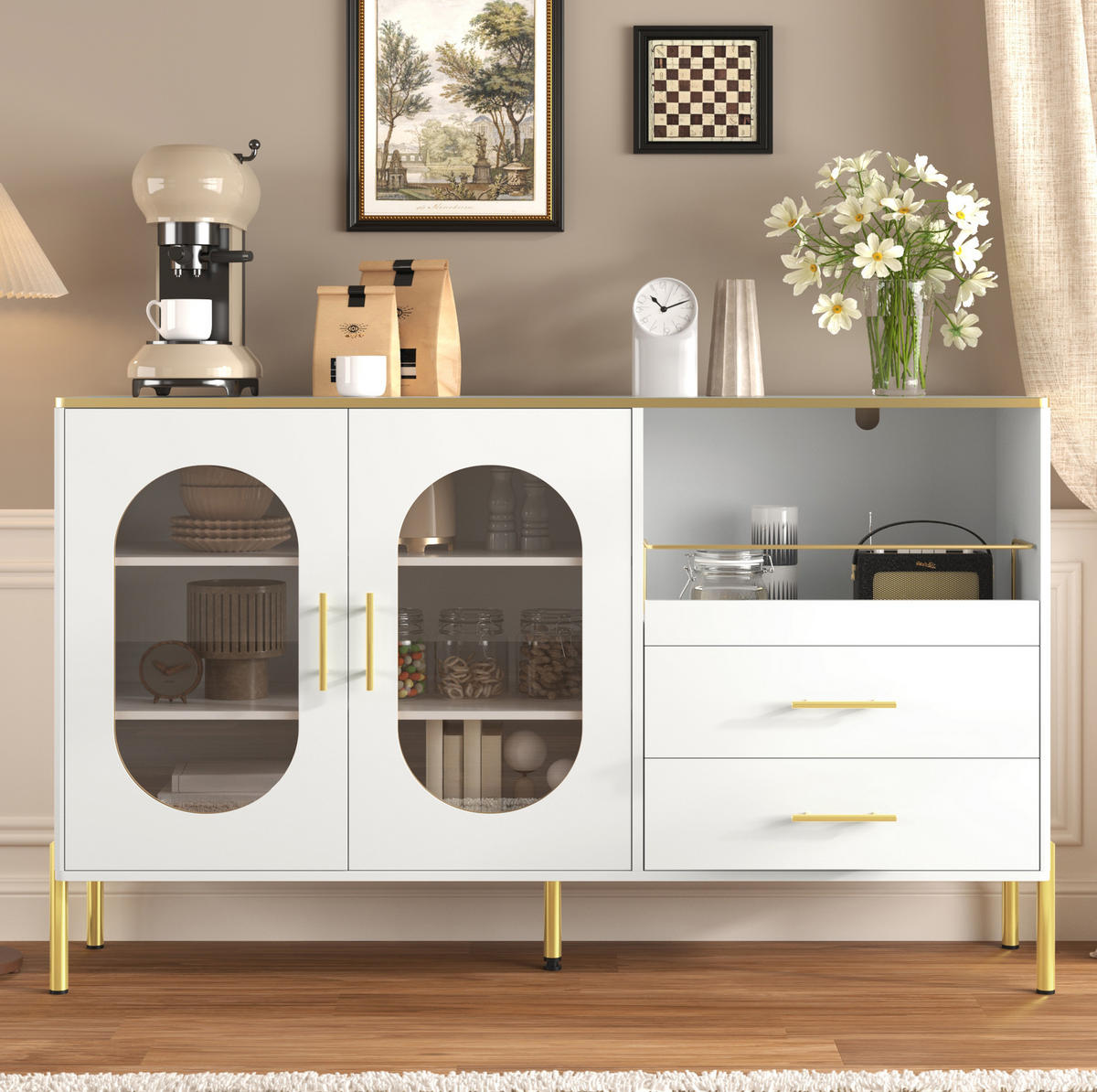 SIDEBOARD 140/38/90 cm aus MDF mit 2 Schubladen und Glastüren Weiß - Weiß, Holzwerkstoff (140/90/38cm) - Modenvie