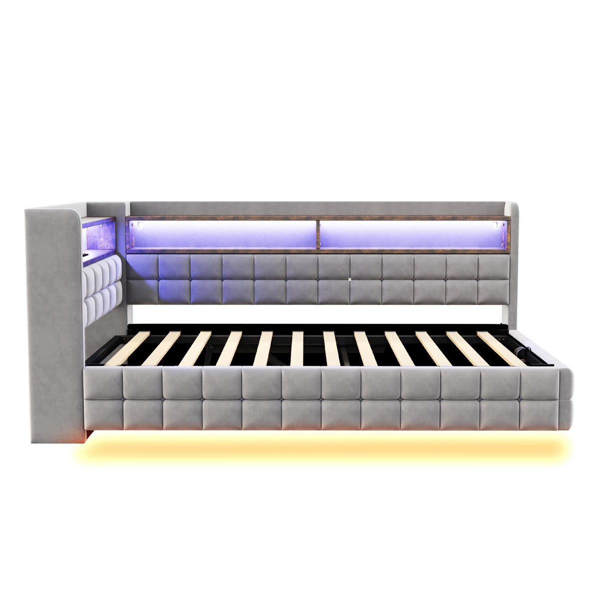 POLSTERBETT 90/200 cm Hellgrau aus Velours mit Stauraum mit LED-Beleuchtung - Hellgrau, Textil (90/200cm) - OKWISH