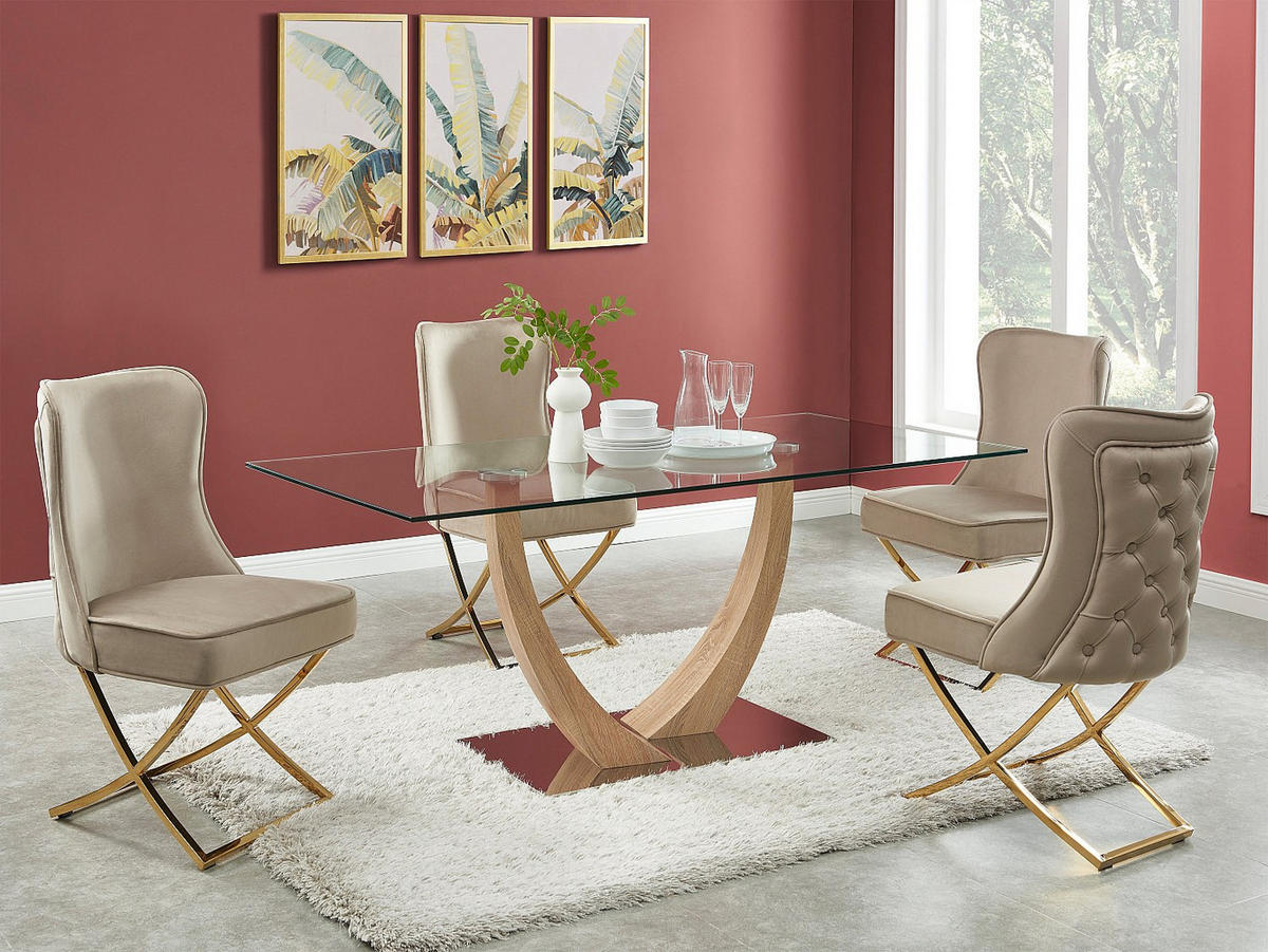 STUHL 6er-Set - Samt & goldfarbener Edelstahl - Beige - MARELANO - Beige, Textil (53.5/101/64.5cm) - Vente-Unique