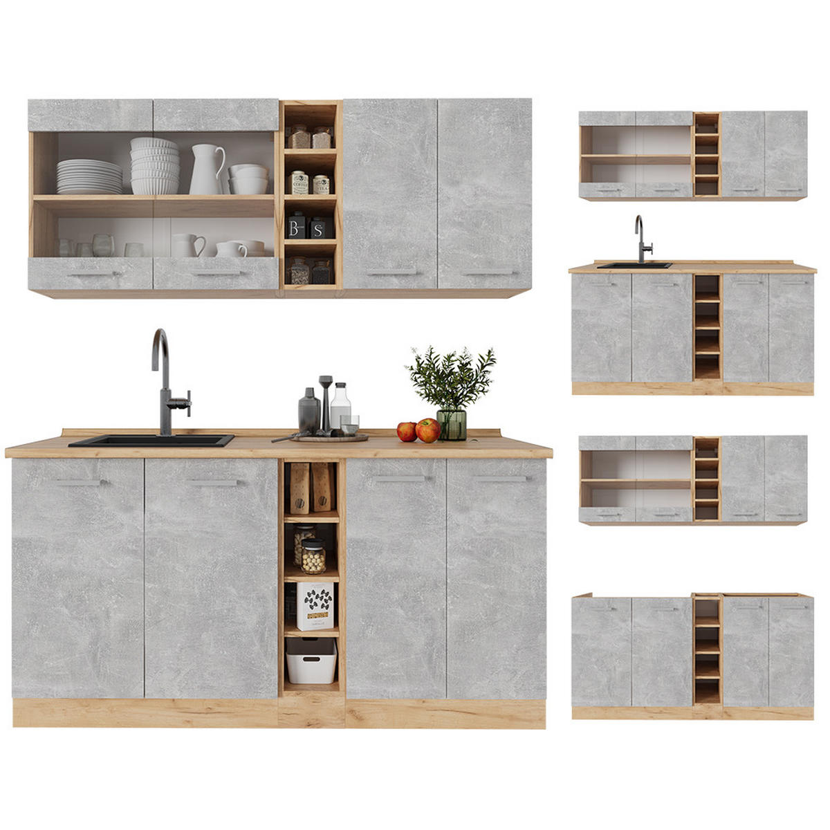 SINGLEKÜCHE R-Line Beton/Goldkraft Eiche 160 cm ohne Arbeitsplatte - Schieferfarben/Eiche Wotan, Holzwerkstoff (160/81.6/46cm) - Vicco