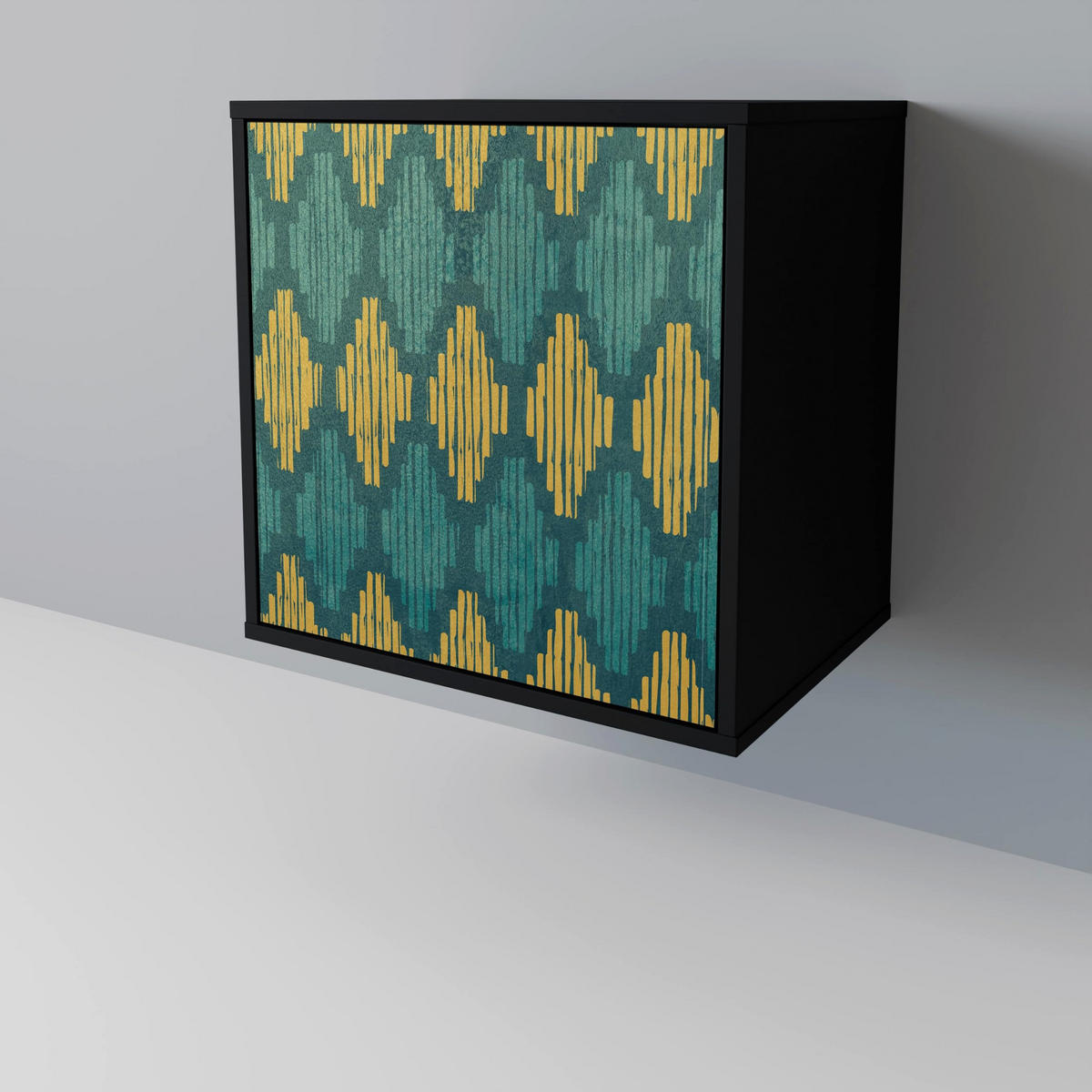 SIDEBOARD POLYGONS, Schwarz, 57,5x42x72,5 cm, Schwarze Metallfüße - Multicolor/Schwarz, Holzwerkstoff/Metall (57.5/72.5/42cm) - SpaceRebels