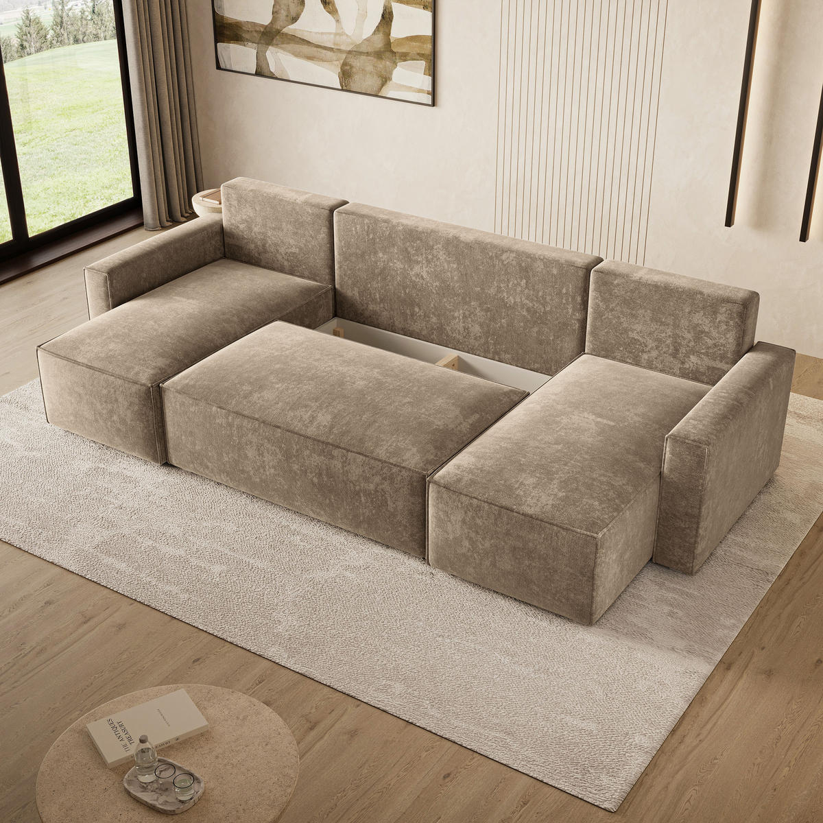 WOHNLANDSCHAFT ASPRA LM Beige Chenille mit Schlaffunktion - Beige, Holz (295/85/140cm) - MASSENO