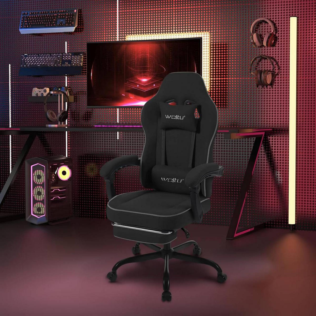 GAMINGSTUHL Drehstuhl, Tech-Stoff, Schwarz - Schwarz, Kunststoff/Textil (63.5/117.5/60cm) - Woltu