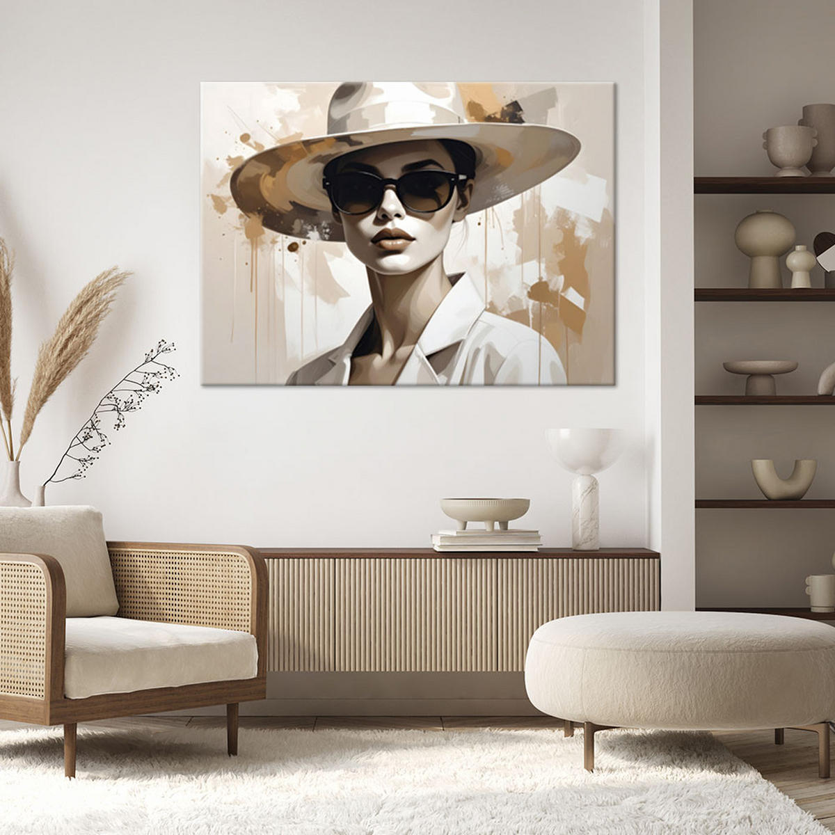BILD auf Leinwand, Elegante Frau mit Hut in beiger Komposition - Weiß, Textil (60/40cm) - Feeby