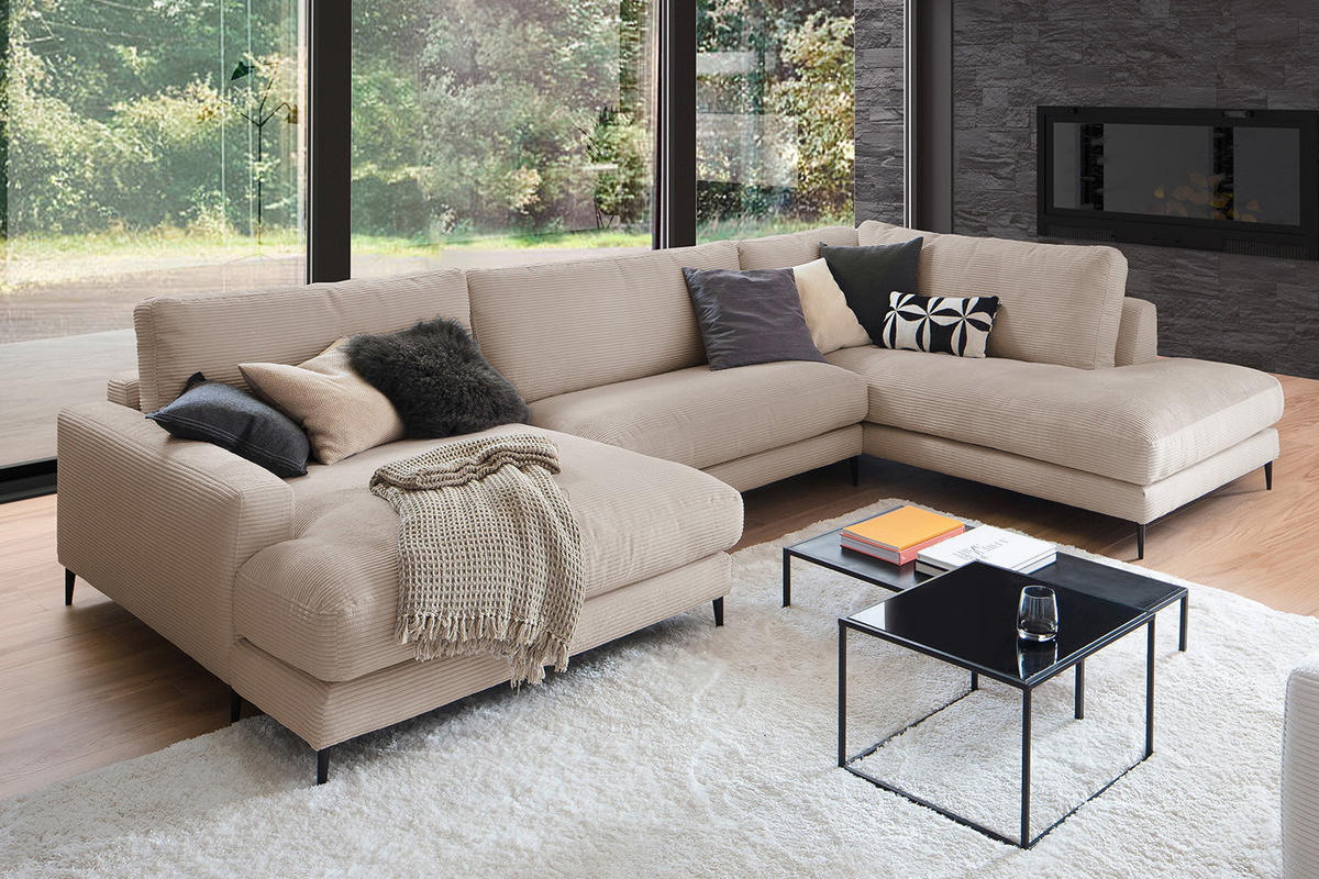 WOHNLANDSCHAFT CARA Taupe Cord - Taupe/Schwarz, Textil (341/84/223cm) - KAWOLA