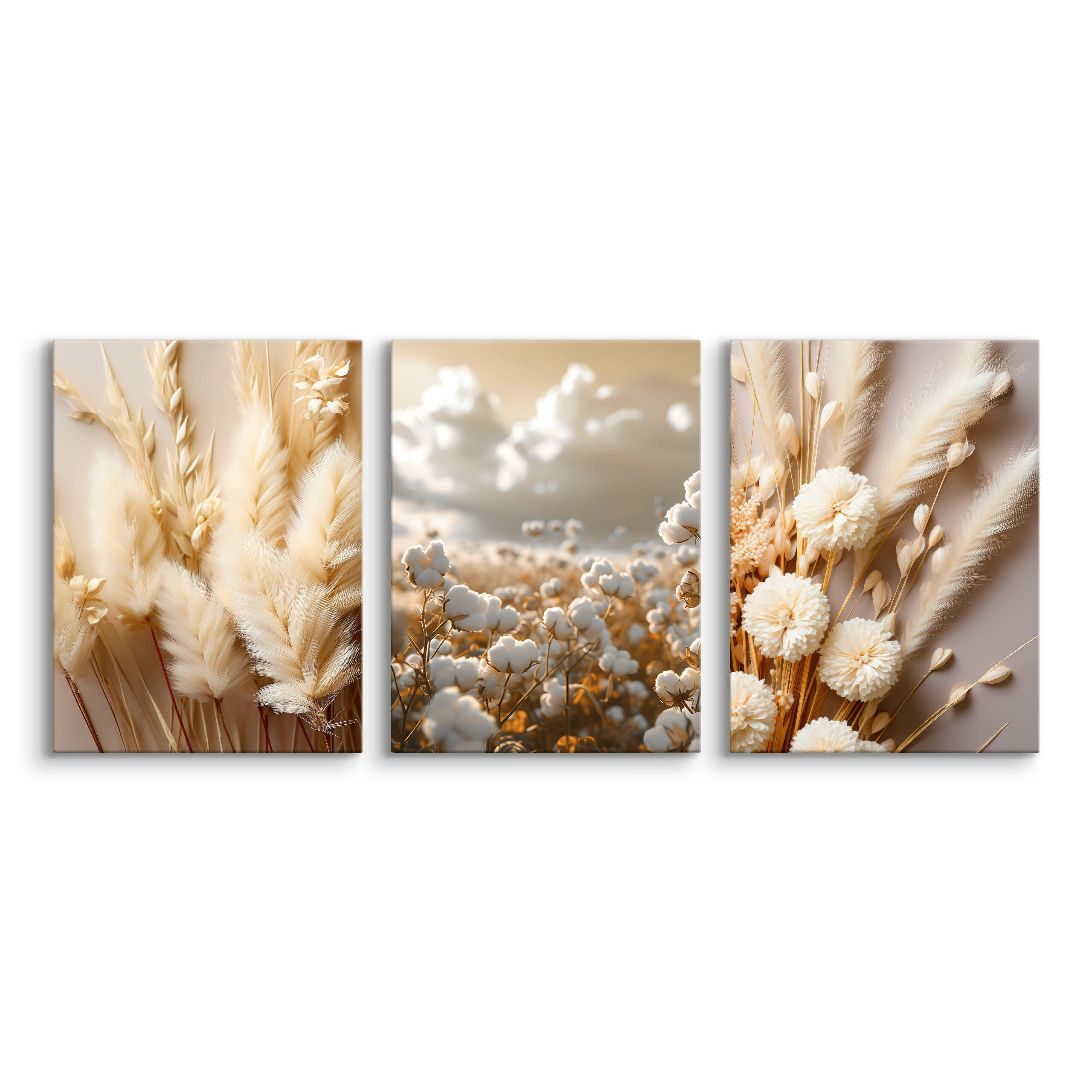 LEINWANDBILDER 3-es Set Blumen 3D Natur - Beige/Weiß, Textil (90/40cm) - Muralo
