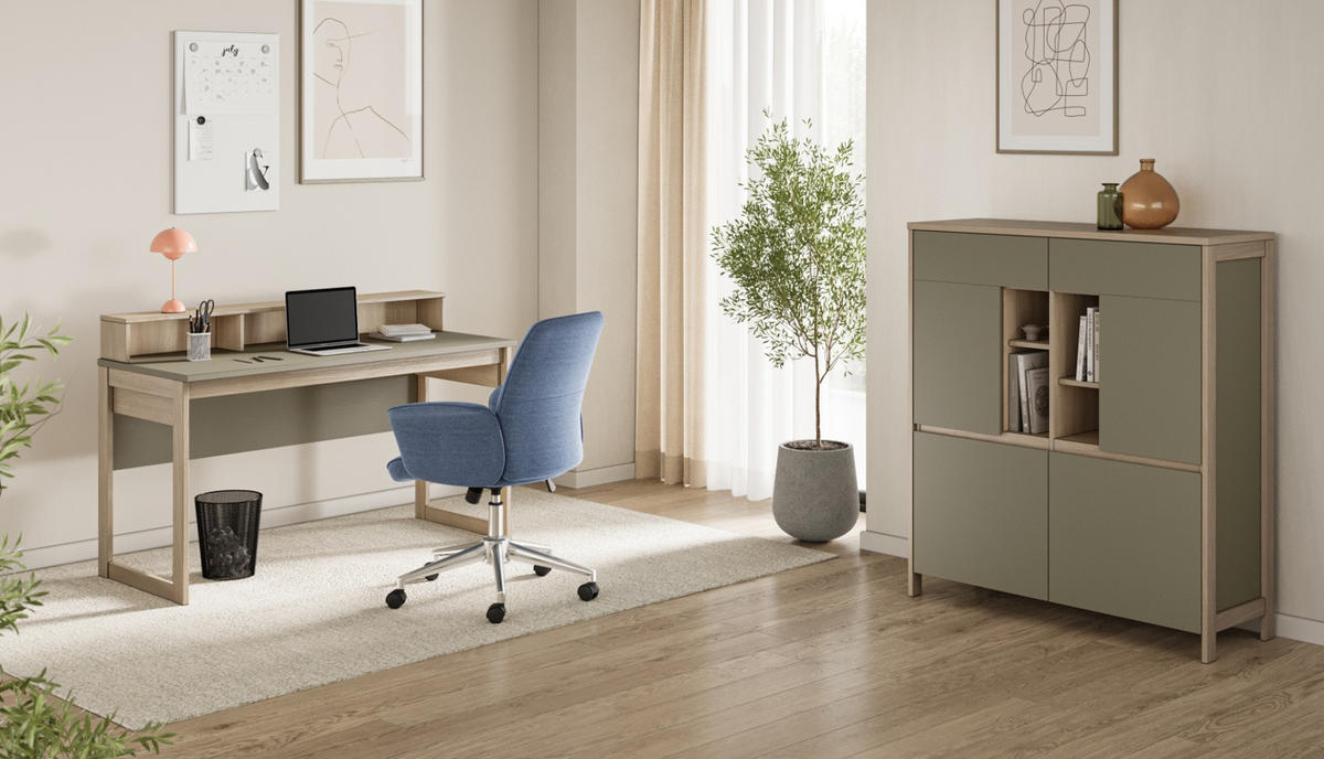 WOHNKOMBINATION Salbei grün, Eiche mit Highboard und Schreibtisch skandinavisch, Soft-Close - Salbeigrün/Eichefarben, Glas/Holzwerkstoff (246/125/60cm) - Furn.Design