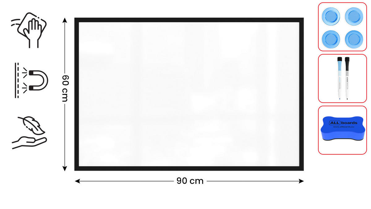 MAGNETISCHES Whiteboard mit schwarzen Holzrahmen 90x60cm - Schwarz, Metall (90/60/1.5cm) - ALLboards