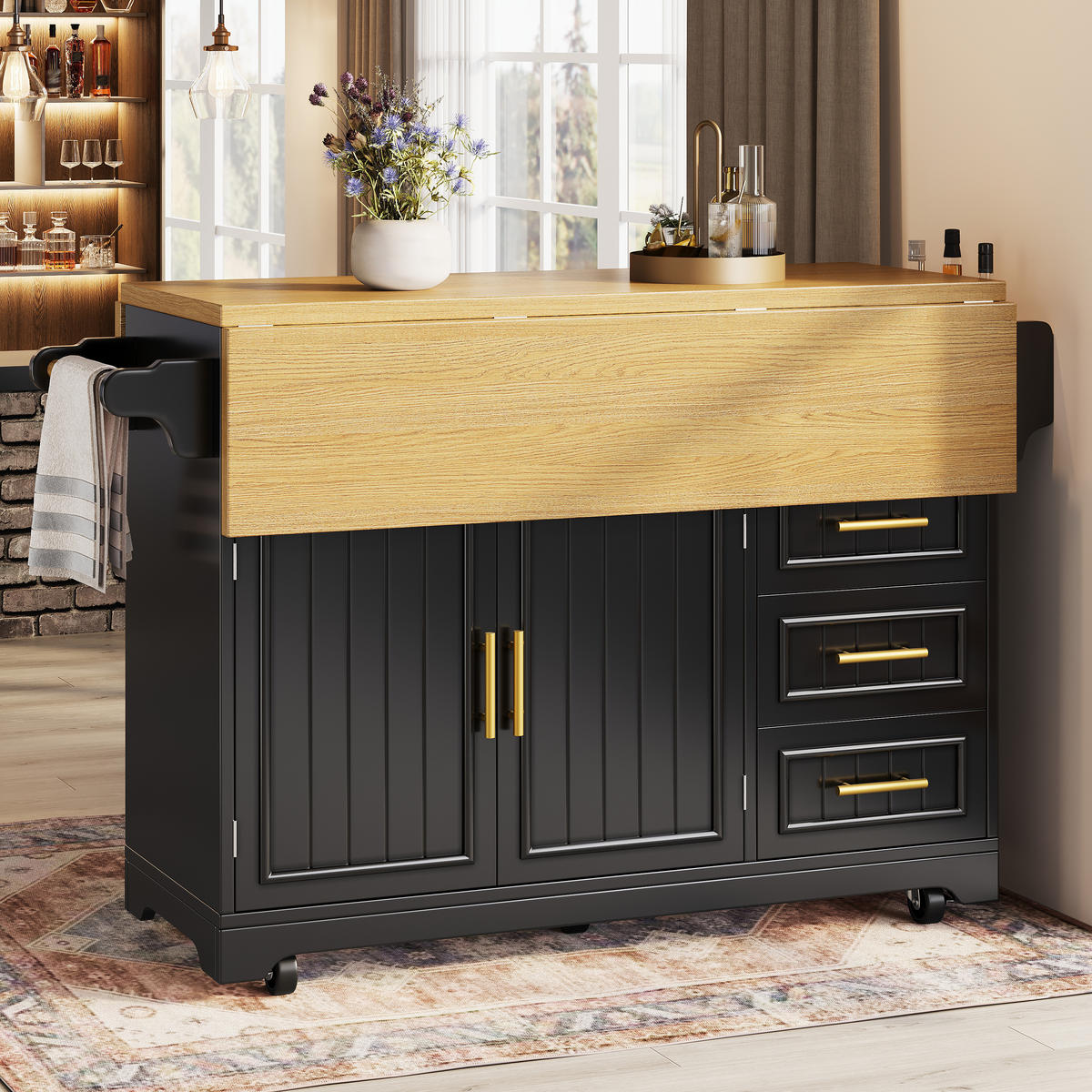 KÜCHENINSEL DE-38361 120/197 cm ausklappbar mit 3 Schubladen Schwarz - Schwarz, Holzwerkstoff (120/95/40cm) - ComfortXL