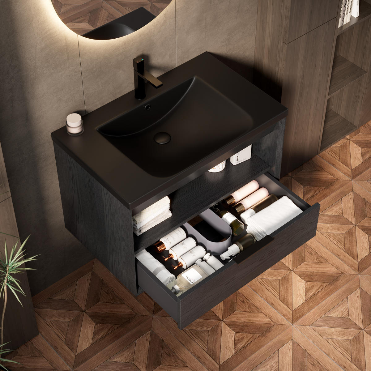 BADEZIMMERSCHRANK 74.5x46.5x51.5 cm Schwarz & Dunkle Eiche aus Keramik & Sperrholz - Schwarz, Keramik (74.5/51.5/46.5cm) - Modfu