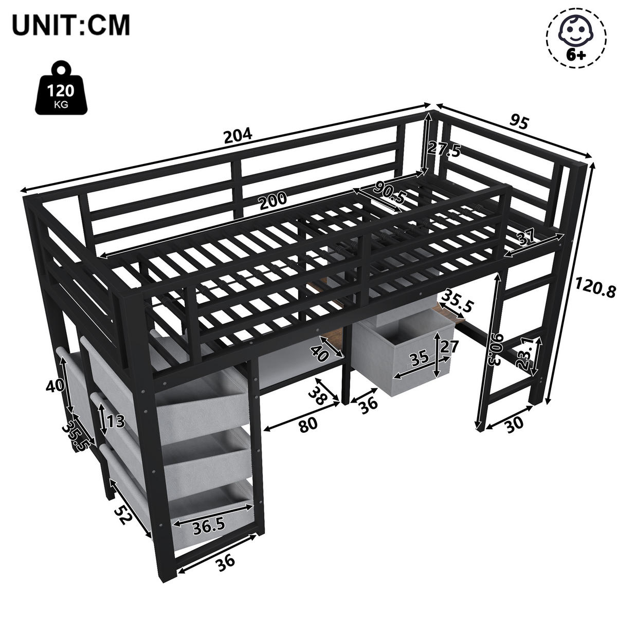 HOCHBETT 90/200 cm aus Metall mit LED-Beleuchtung und Stauraum, Schwarz - Schwarz, Metall (90/200cm) - Flora Grace