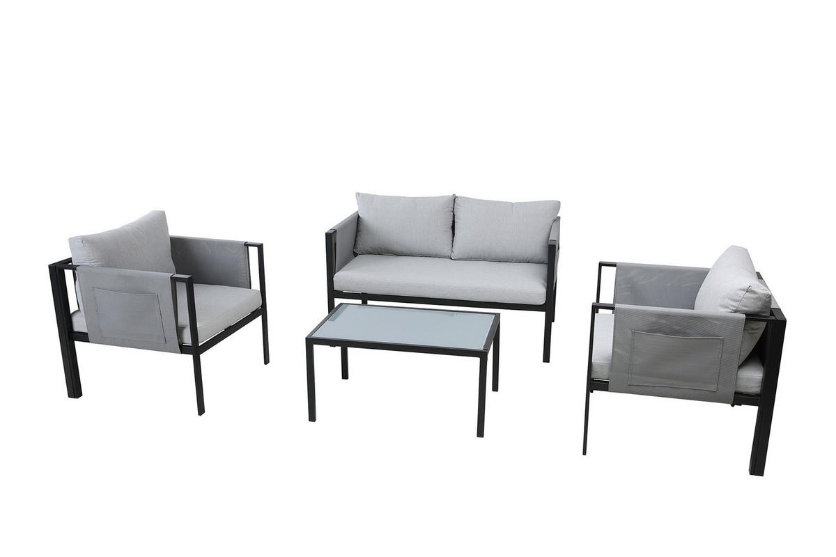 SITZGRUPPE Yolo 2-Sitzer + 2 Sessel, 1 Couchtisch, Sitz- + Rückenkissen - Schwarz, Metall - TPFGarden