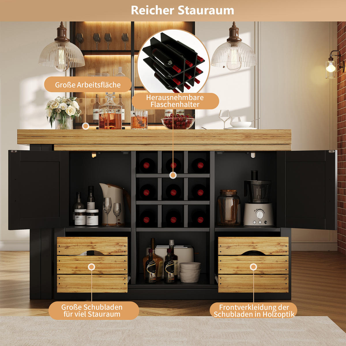 KÜCHENINSEL 360° Drehbar Stauraum Schwarz - Schwarz, Holzwerkstoff (120/72/40cm) - FLIEKS