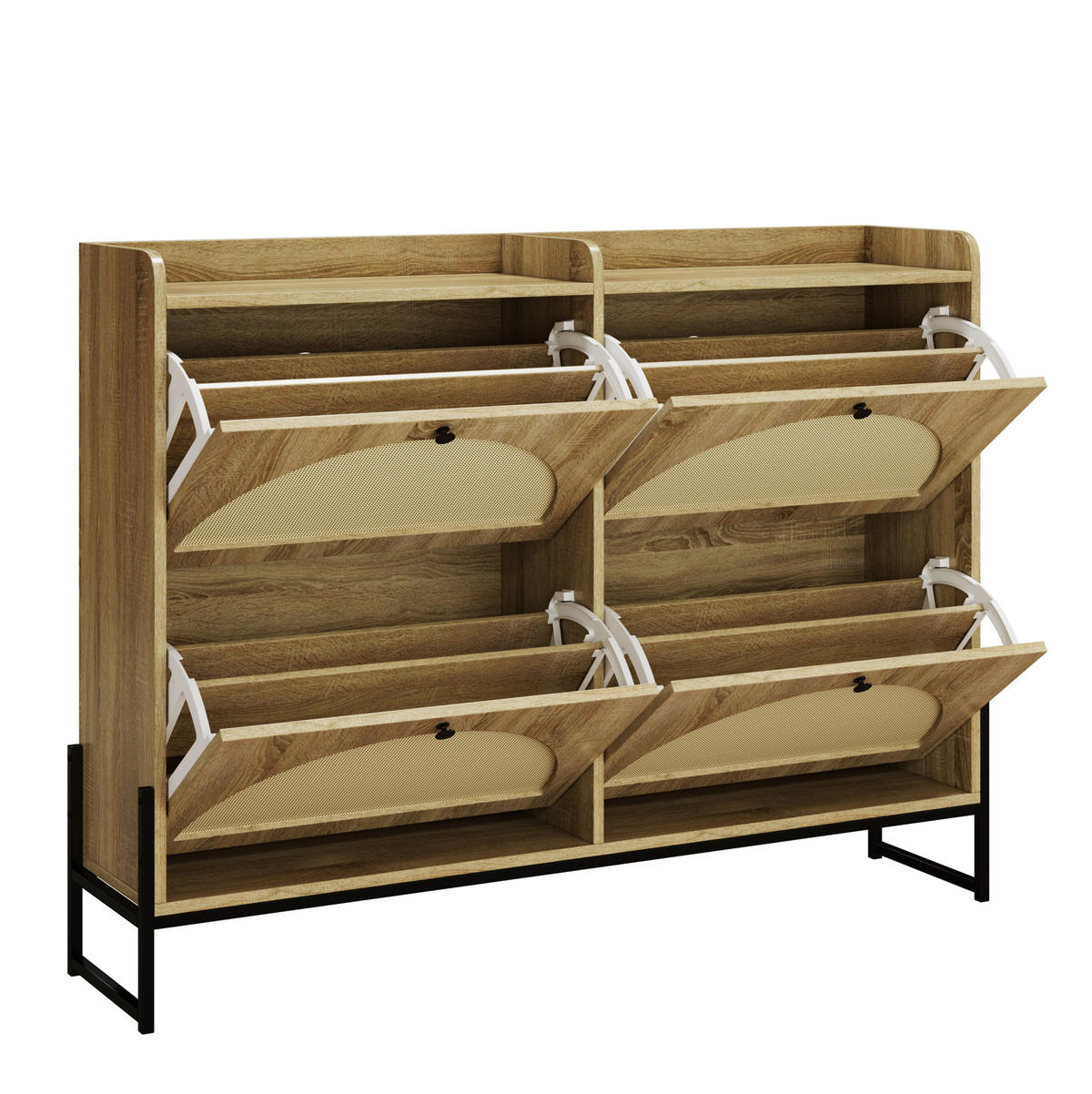 SCHUHSCHRANK 121(118)/25/91,5 cm mit Belüftung und 4 Klappen aus Spanplatte und PE-Rattan, Holzfarbe - Naturfarben, Holzwerkstoff (118/91.5/25cm) - Redom