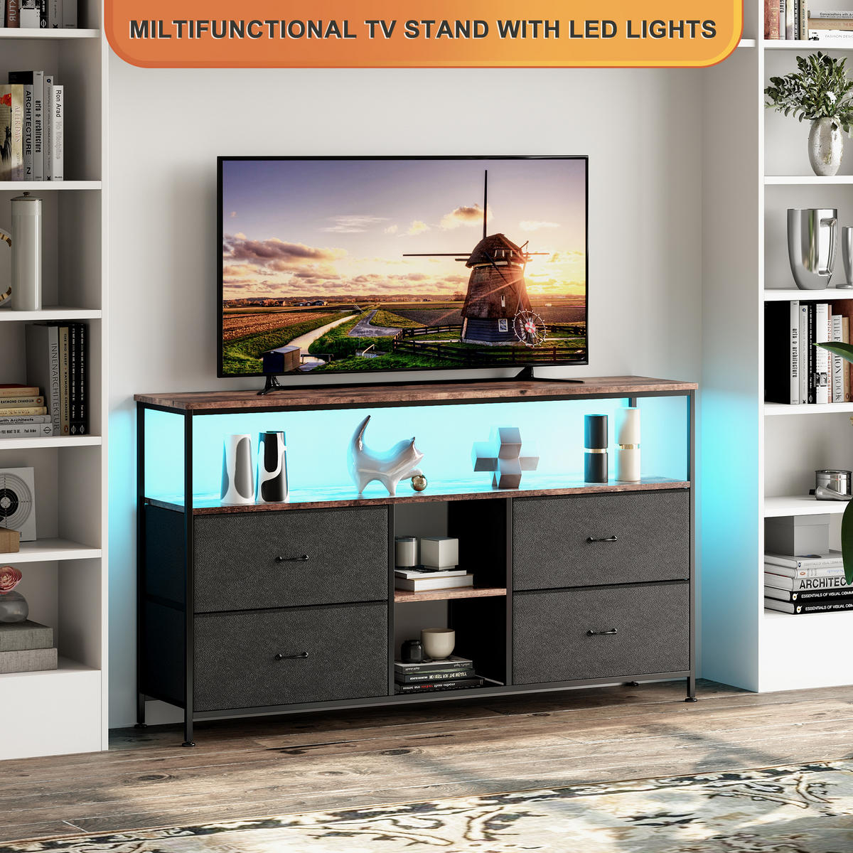 TV-SCHRANK 108 cm, LED, Holzoptik Tiger, 4 Stoffschubladen PU, Metallrahmen, höhenverstellbare Füße - Schwarz, Holz (108/76.8/29.8cm) - EuroLiving