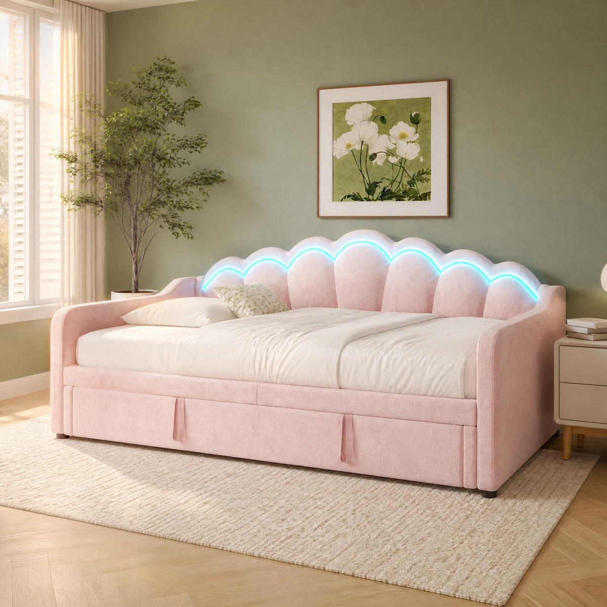 POLSTERBETT 90/200 mit Ausziehbett, farbwechselbarer LED und Samtbezug in Rosa - Rosa, Holzwerkstoff/Textil (90/200cm) - EVRYAE