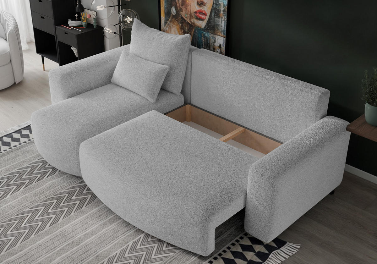 ECKSOFA Travis mit Bettkasten und Schlaffunktion, L-Form, Boucle, Universal - Hellgrau, Holzwerkstoff (248/148cm) - 4ALL HOME