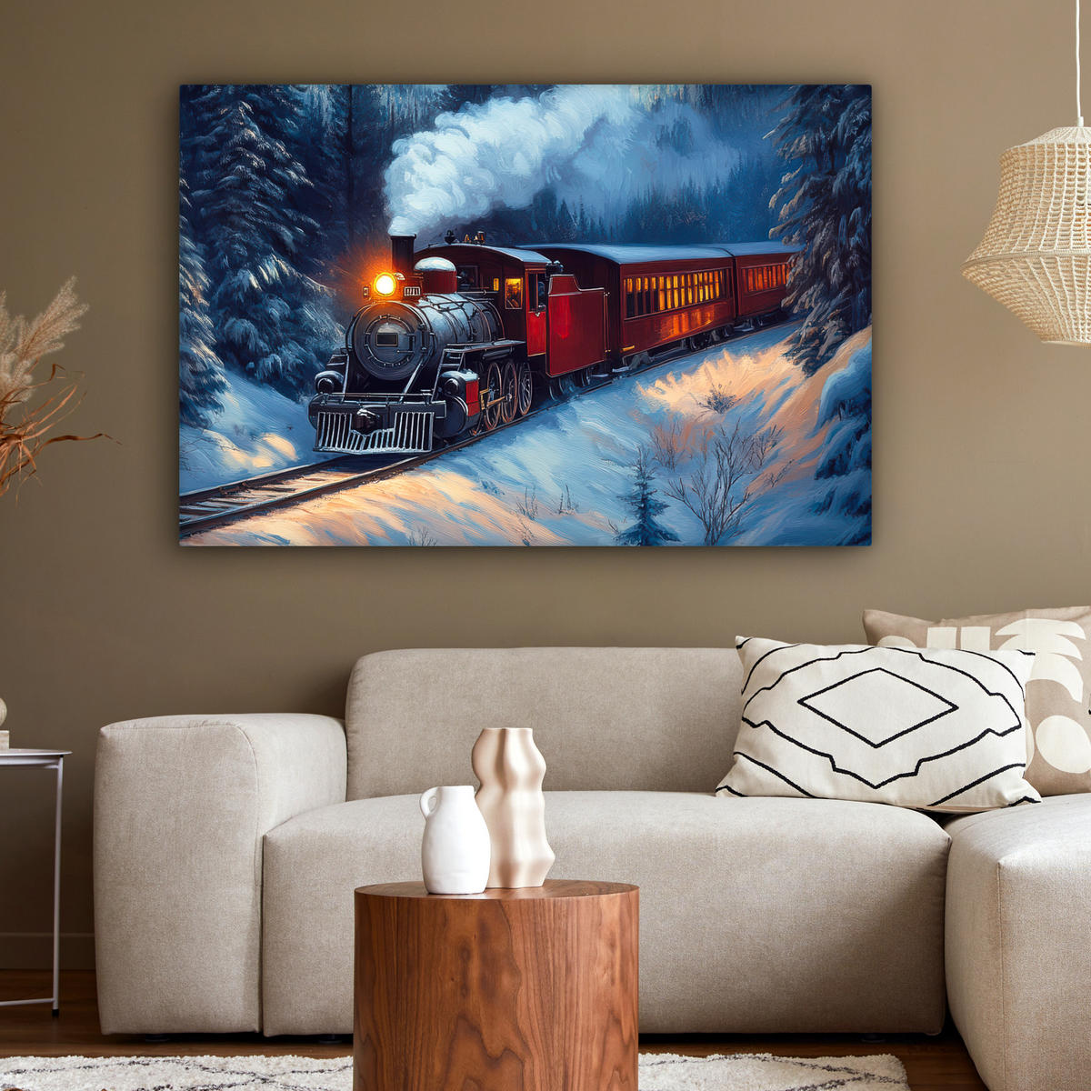 LEINWANDBILD Zug - Weihnachten - Schnee - Weihnachtszug Groß 140x90 cm - Anthrazit, Textil (140/90cm) - MuchoWow