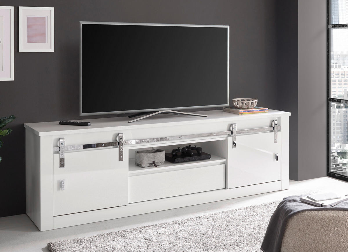 TV-LOWBOARD weiß Hochglanz 201 x 66 cm, TV Unterteil in Komforthöhe mit Soft-Close - Chromfarben/Weiß Hochglanz, Holzwerkstoff/Kunststoff (201/66/43cm) - Furn.Design