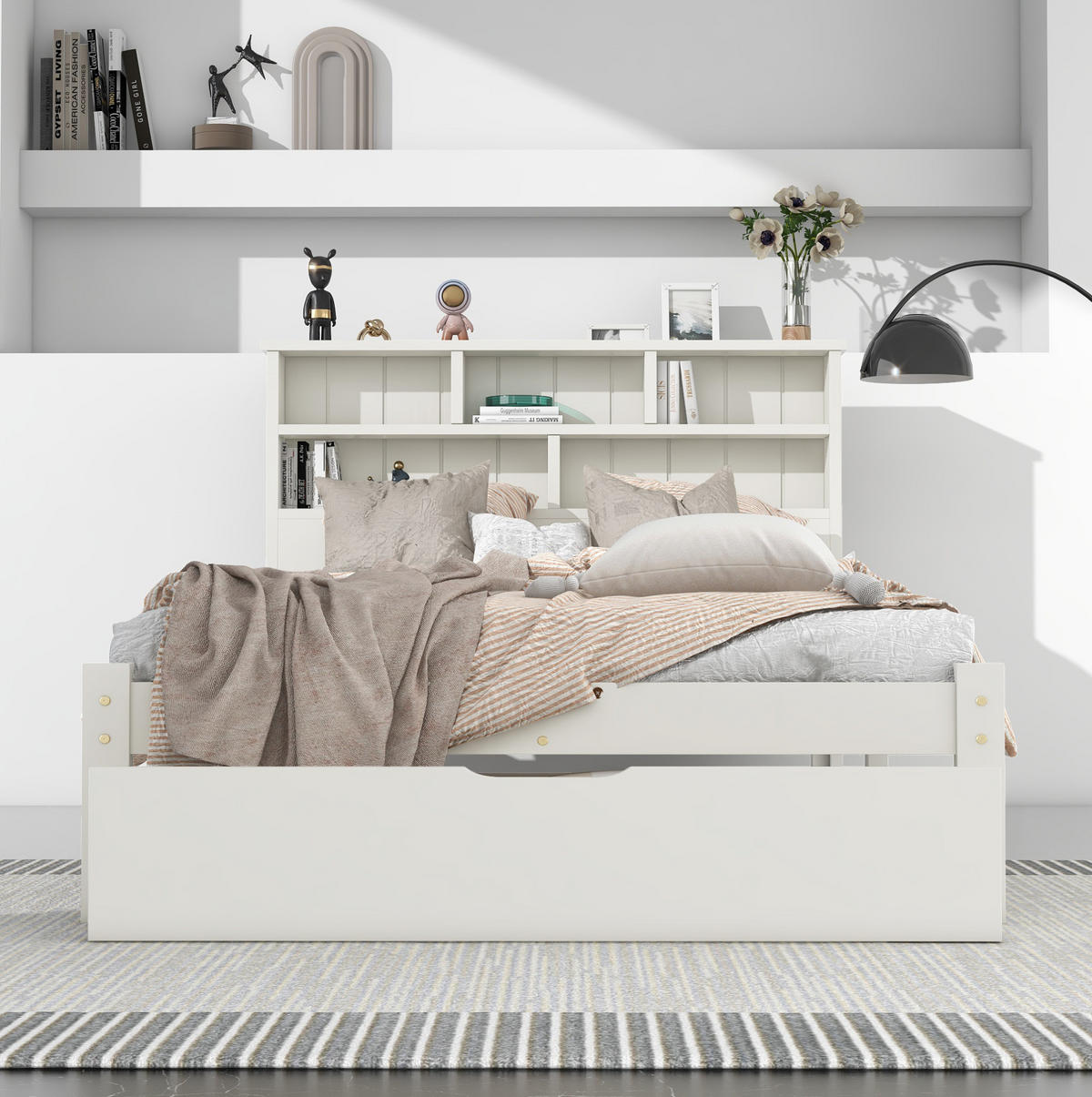 EINZELBETT 90/200 cm aus Massivholz mit Bücherregal-Kopfteil und Schubladen, Weiß - Weiß, Holz - Redom